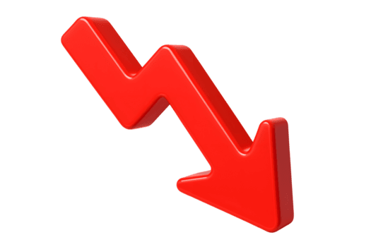 3D red downward arrow icon with sharp zigzag shape showing decline, isolated on transparent background png