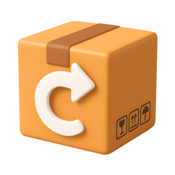 3D orange return package box icon with white circular arrow and fragile shipping symbols, isolated on transparent background png