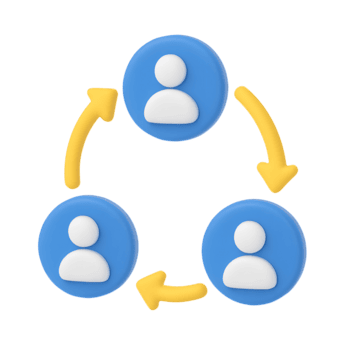 3D user connection icon with three blue circular avatars and yellow arrows forming a communication cycle isolated on transparent background png