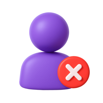 3D unverified user icon with purple person symbol and red cancel button, isolated on transparent background png