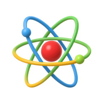 3D stylized atomic structure icon with colorful orbiting electrons and red nucleus isolated on transparent background png