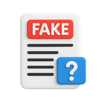 3D suspicious fake document icon, question mark with red label and text lines, isolated on transparent background png