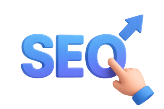 3d seo letras con hacia arriba flecha y señalando mano icono demostración sitio web clasificación y buscar mejoramiento aislado en transparente antecedentes png