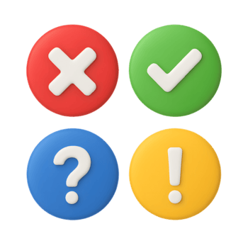 3d il giro icona impostato con rosso attraverso, verde dai un'occhiata marchio, blu domanda marchio, e giallo esclamazione marchio, simbolo e comunicazione concetto isolato su trasparente sfondo png