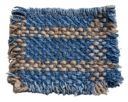 Woven denim fabric square textile element with blue and beige threads, rough texture, frayed edges, rustic style, suitable for crafts, patchwork, or sewing projects png