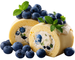 arándano mermelada rodar pastel Fruta postre dulce Pastelería cremoso relleno Fresco arándano menta adornar amarillo esponja delicioso tratar aislado de cerca png