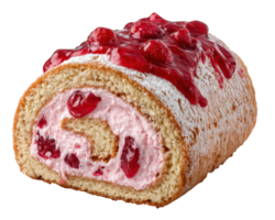 fresa mermelada rodar pastel postre con azotado crema y Fresco fresa Adición, dulce y delicioso Pastelería, aislado en transparencia antecedentes png