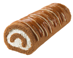 caramelo rodar pastel postre con cremoso relleno, chocolate esponja, y caramelo llovizna, dulce indulgente tratar para panadería, cafetería, o celebracion, delicioso y atractivo apariencia png
