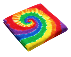 doblada Corbata colorante tela cuadrado textil con vibrante espiral modelo en rojo amarillo verde azul y púrpura hecho a mano paño alegre y vistoso diseño png