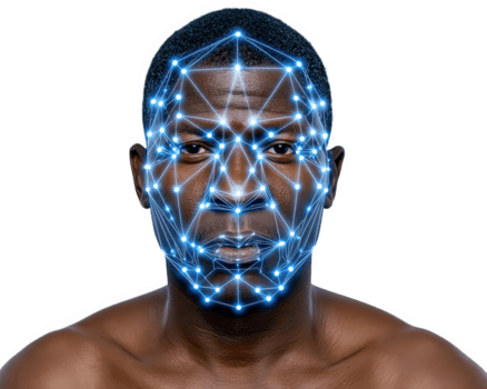 facial reconocimiento biométrico tecnología seguridad digital interfaz artificial inteligencia futurista africano hombre brillante líneas innovación identificación. grave expresión Destacar avanzado png