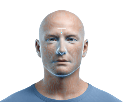 facciale riconoscimento tecnologia, digitale sicurezza, biometrico identificazione, e artificiale intelligenza concetto con neutro espressione maschio viso e wireframe copertura png