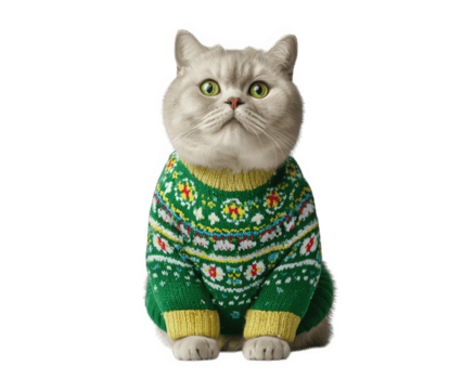 británico cabello corto gato vistiendo retro verde suéter con amarillo y floral patrones, sentado y mirando arriba con calma y curioso expresión, aislado en transparencia antecedentes png