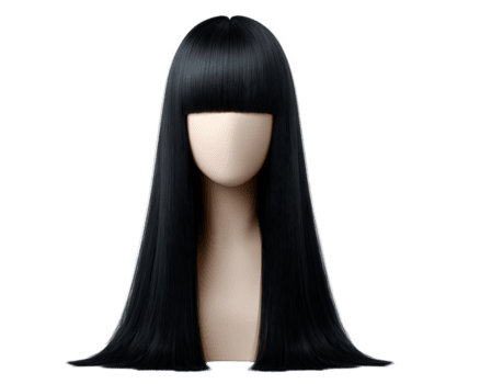 Long straight black hair with blunt bangs on mannequin head, showcasing sleek and modern hairstyle ideal for fashion or beauty concepts, isolated on transparency background png