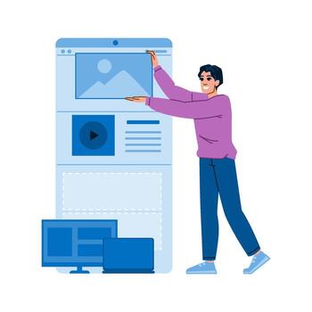 web diseñador desarrollando sensible sitio web para diferente dispositivos vector