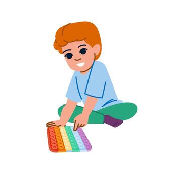 Smiling child playing with pop it toy, pressing colorful bubbles vector