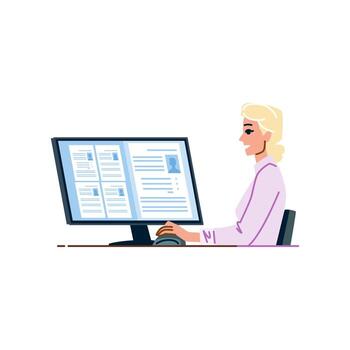Human resources manager browsing candidate profiles on computer screen vector