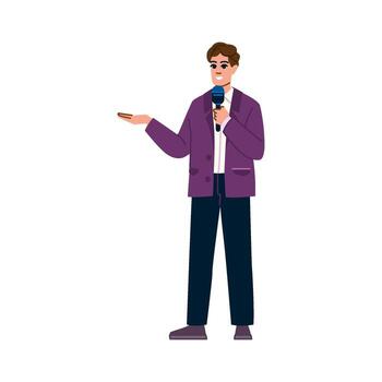 Journalist making a report and pointing with hand vector