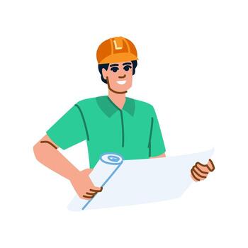 Smiling architect holding blueprint and studying plan for construction project vector