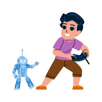 Happy child playing with remote controlled robot toy vector