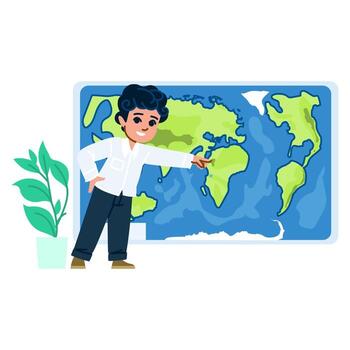 Geography student pointing at world map during lesson vector