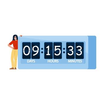 Woman leaning on giant digital countdown timer displaying nine days, fifteen hours and thirty three minutes vector