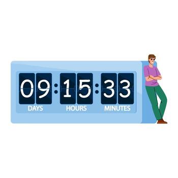 Man leaning on giant countdown timer showing days, hours and minutes vector