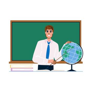 Geography teacher pointing at globe in classroom with blackboard and books vector