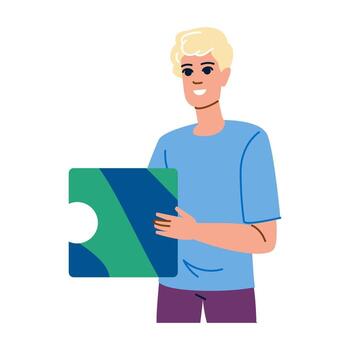 joven hombre participación un rompecabezas pedazo, problema resolviendo y solución hallazgo concepto vector