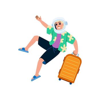 Tourist wearing spacesuit floating with suitcase in space travel vector