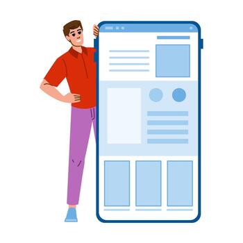 hombre presentación grande teléfono inteligente con solicitud interfaz en pantalla vector