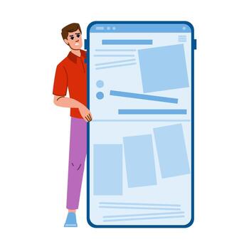 preocupado hombre propensión en un gigante teléfono inteligente mostrando un sitio web diseño vector