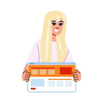 Smiling woman showing webpage with placeholders on screen vector