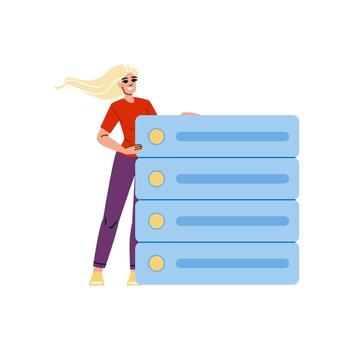 System administrator managing server rack, efficient data center operations vector