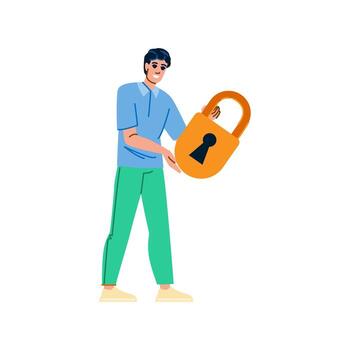 Smiling man holding big padlock showing secure access vector