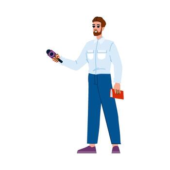 Journalist holding microphone and notebook interviewing giving speech vector