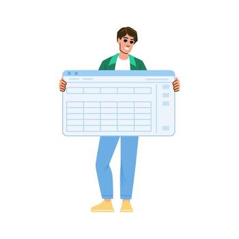 Young man holding a large spreadsheet or table in a browser window vector