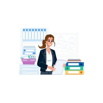 Office worker reading documents and smiling near shelves with folders vector