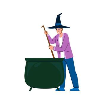 Smiling wizard preparing potion in cauldron for halloween party vector