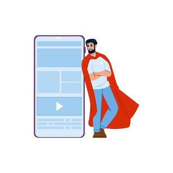 Superhero content creator leaning on giant smartphone with play button and text boxes vector