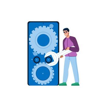 Technician adjusting gears of a giant smartphone using a wrench vector