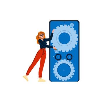 mujer ingeniero trabajando en móvil teléfono ajustes y pruebas software actualizar vector