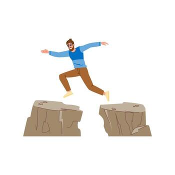 Man jumping over cliff gap, overcoming obstacles and achieving success vector