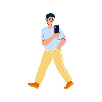joven hombre caminando y utilizando teléfono inteligente con preocupado expresión vector