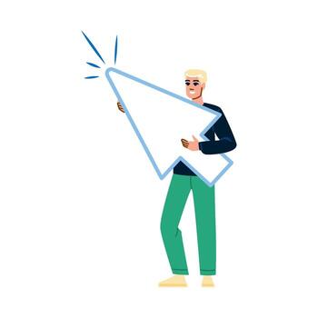 Smiling man holding giant shiny cursor clicking on invisible button vector