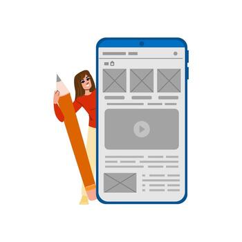 Web designer holding big pencil creating mobile application design vector