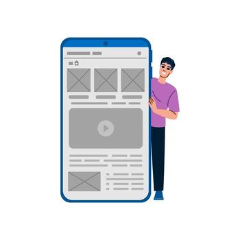 Web designer presenting website template on smartphone screen vector