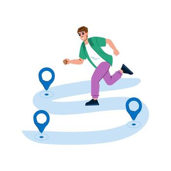 Young man running on winding path following gps pointers towards destination vector