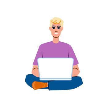 sonriente rubio hombre trabajando en ordenador portátil mientras sentado cruzar patas vector