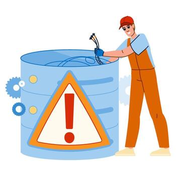 Technician fixing database server error with cables and warning sign vector