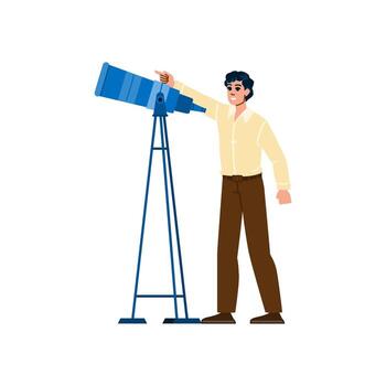 Astronomer exploring night sky with telescope, pointing at stars vector